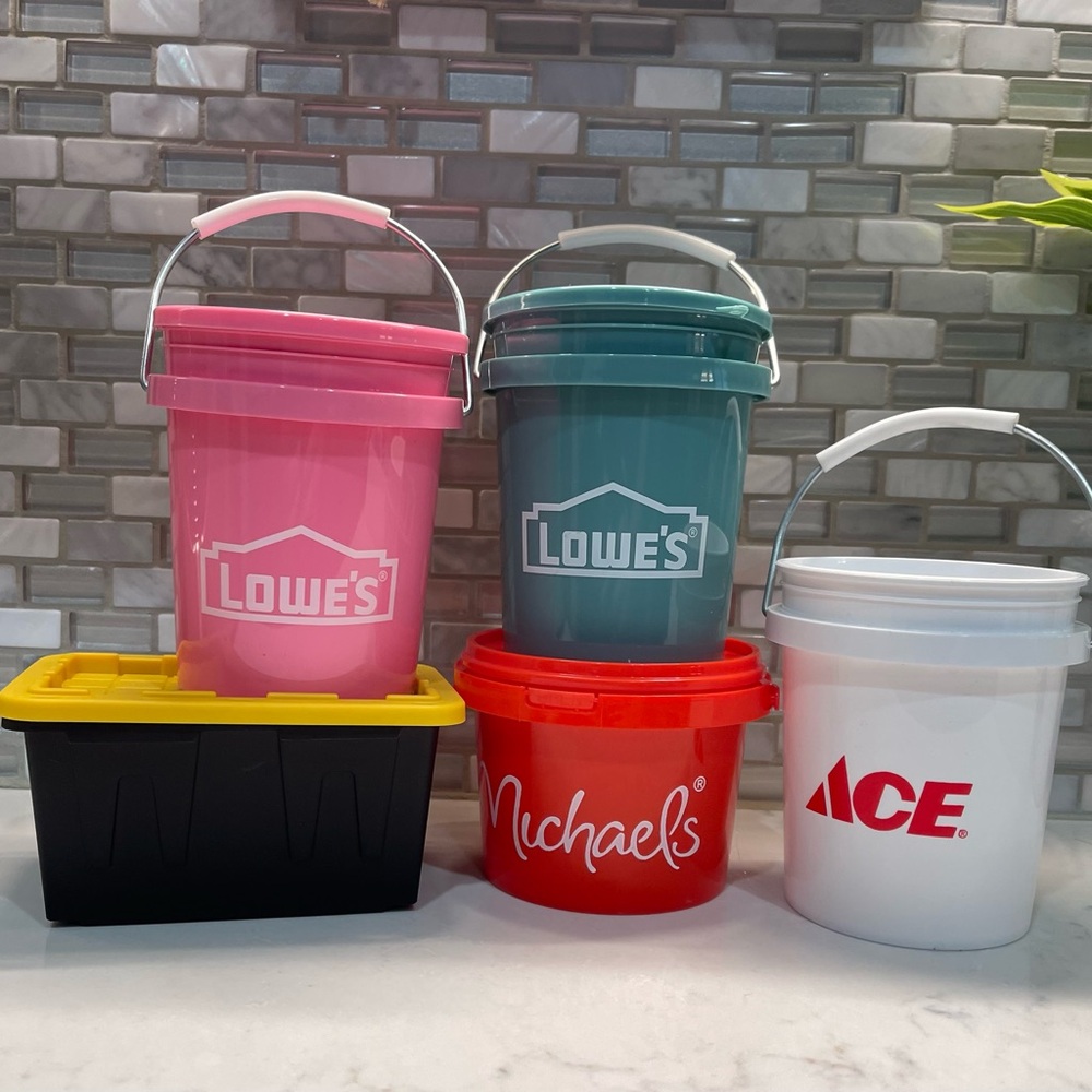 Colorful Branded Mini Buckets Set - Lowe's, Michael's, Ace